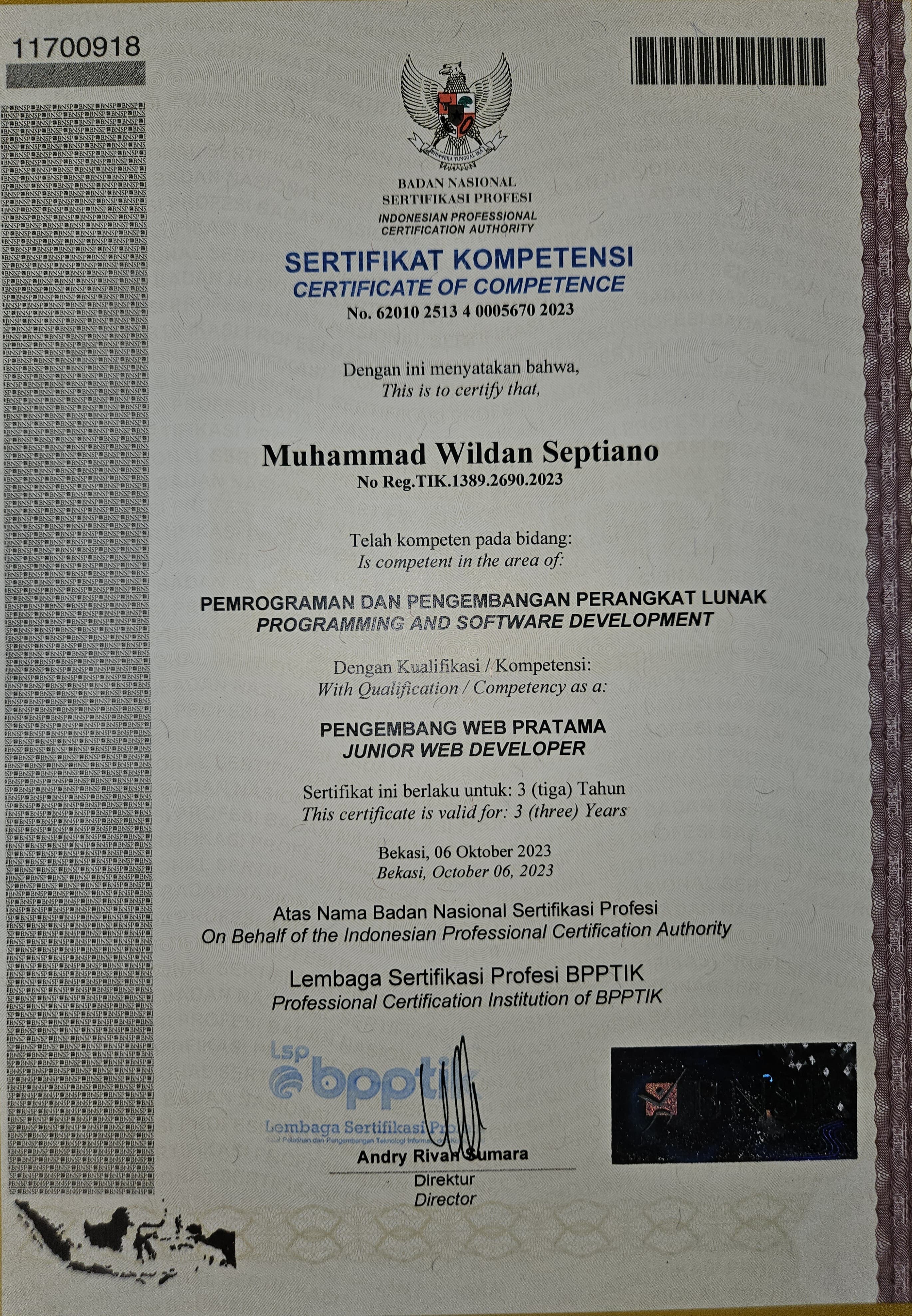 Sertifikat LSP Junior Web
                    Developer